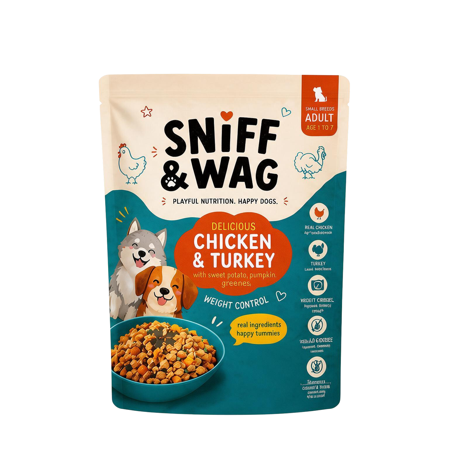 Sniff and Wag Chicken and Turkey adult dog food pouch